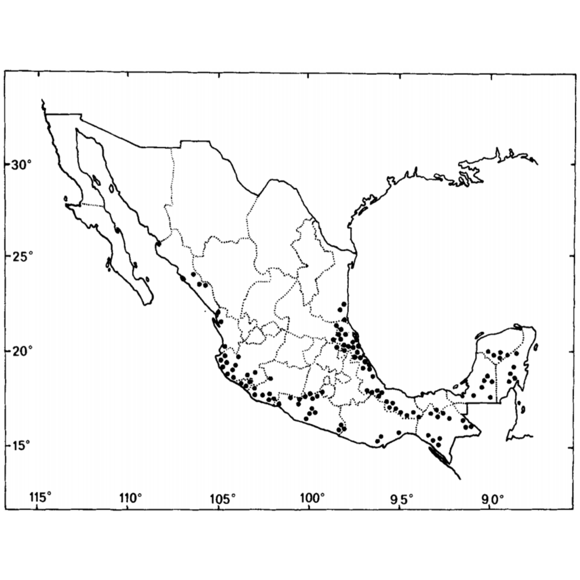 Distribución del árbol de ramón en México (Brosimum alicastrum Sw.). Fuente: (Peters & Pardo-Tejeda, 1982).