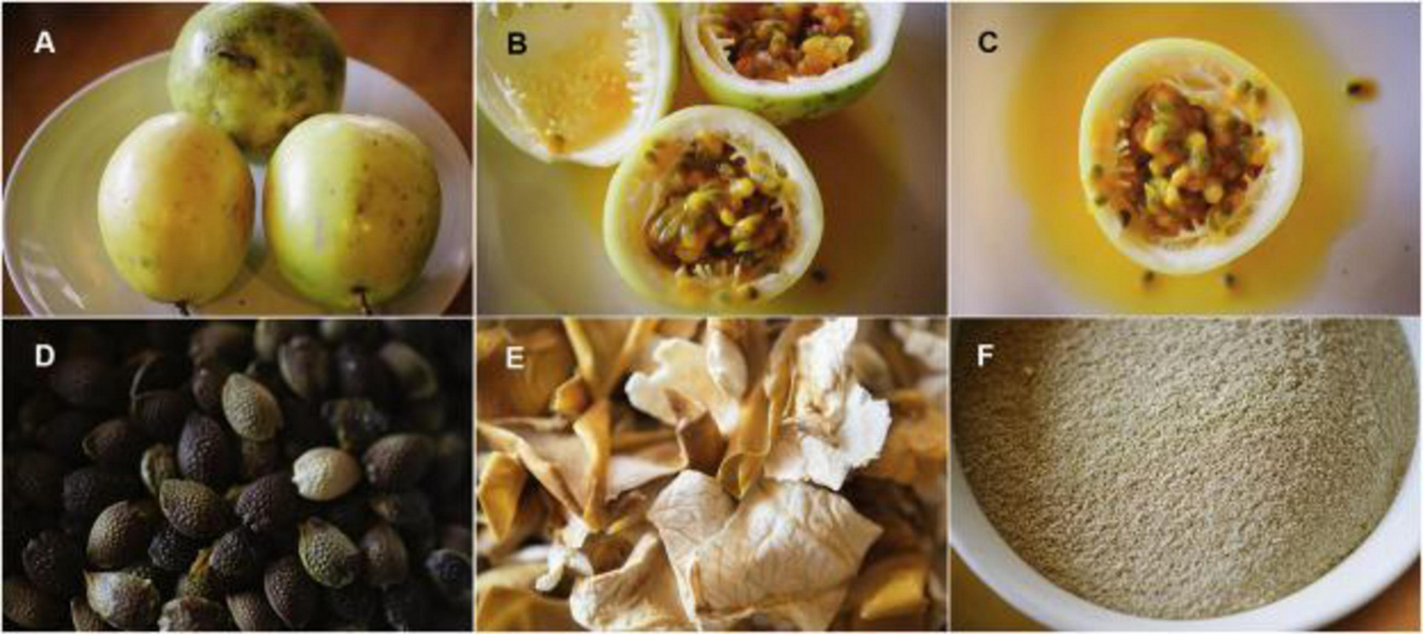 (A): Whole yellow passion fruit; (B; C): Halves of yellow passion fruit: rinds, pulp and seeds. Source: Corrêa et al. (2016)